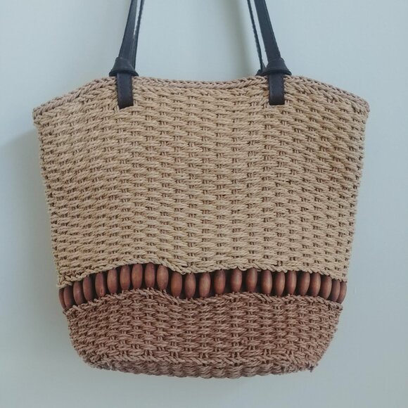 Natural woven tan and brown bag purse with wooden bead detail - Picture 3 of 11